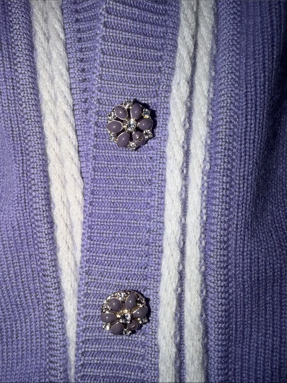 CHANEL Lavender Knit Cardigan with White Trim